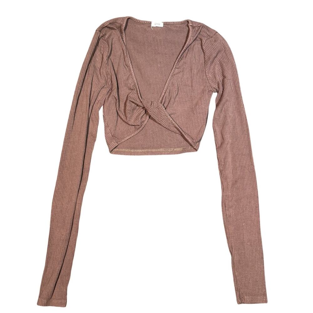 Garage Cropped Top XXS Brown Ribbed Twist Front Long Sleeve Fitted